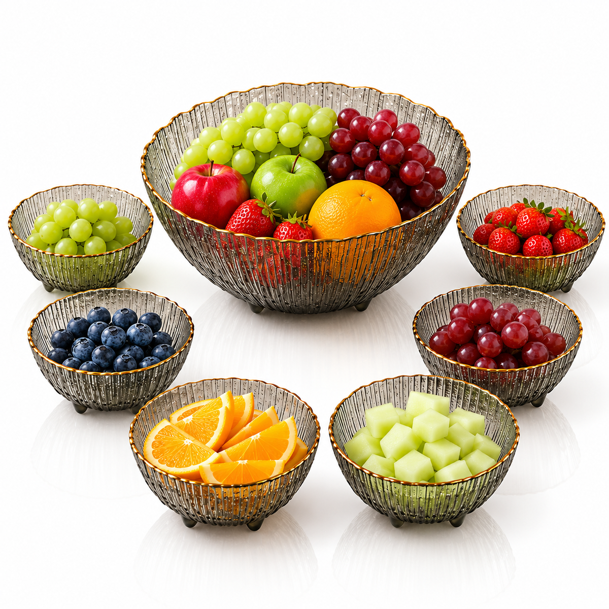 7 Pcs Smoky Ribbed Glass Fruit & Serving Bowl Set