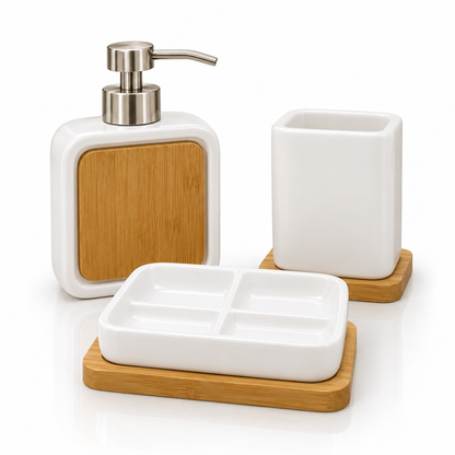 Premium White Ceramic Bathroom Organizer Set with Bamboo Accents