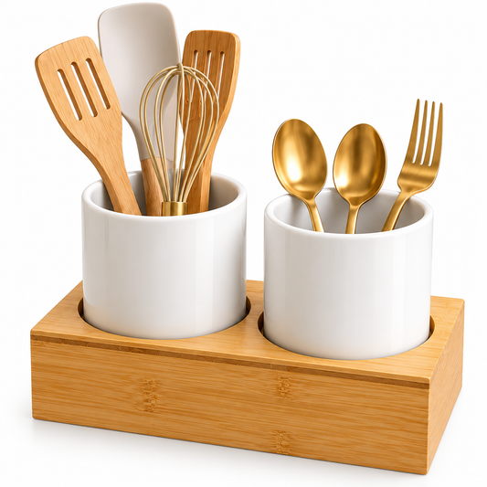 Ceramic Dual Utensil Holder with Bamboo Stand