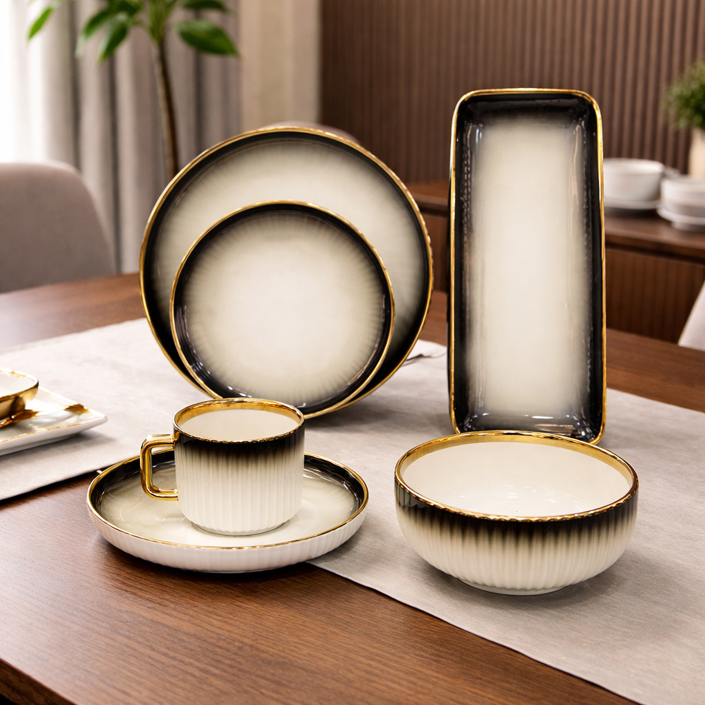 32Pcs Ceramic Dinner Set - White & Black Shaded