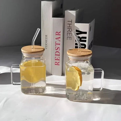 Square Glass Tumbler with Lid & Straw